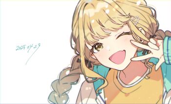 1girl blonde_hair braid commentary_request dated fang fujita_kotone gakuen_idolmaster highres idolmaster long_hair looking_at_viewer one_eye_closed open_mouth simple_background smile solo sumeragi_kohaku twin_braids upper_body v white_background yellow_eyes
