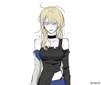 1girl angry artist_name bare_shoulders black_choker black_sleeves black_tank_top blonde_hair blue_eyes blue_hair breasts choker collarbone commentary_request detached_sleeves empty_eyes haegu7o hair_between_eyes highres honkai:_star_rail honkai_(series) korean_commentary lips long_hair long_sleeves looking_at_viewer medium_breasts messy_hair multicolored_hair serval_landau simple_background single_sidelock solo streaked_hair sweat tank_top teeth upper_body white_background white_sleeves