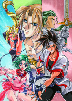 1990s_(style) 2girls 3boys angry armor blonde_hair blue_eyes bow brown_hair clenched_teeth dagger duke_b_rambert earrings eiji_shinjo ellis_(toushinden) gloves green_eyes green_hair high_ponytail holding holding_dagger holding_knife holding_weapon jewelry kayin_amoh knife leotard long_hair multiple_boys multiple_girls necklace open_mouth pink_bow ponytail retro_artstyle ribbon see-through_clothes see-through_sleeves short_hair shuri_yasuyuki sofia sofia_(toushinden) sword tamsoft teeth toushinden weapon wrist_cuffs