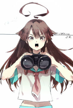 1girl ahoge bad_id binoculars blue_sailor_collar brown_eyes brown_hair character_name hageshii_nakano hair_between_eyes holding holding_binoculars huge_ahoge kantai_collection kuma_(kancolle) long_hair looking_at_viewer neckerchief open_mouth red_neckerchief sailor_collar school_uniform serafuku short_sleeves simple_background solo twitter_username upper_body white_background