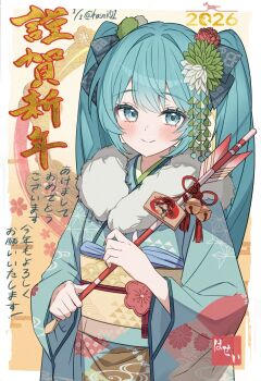1girl 2026 arrow_(projectile) artist_name asa_no_ha_(pattern) bell blue_eyes blue_hair blue_kimono chinese_zodiac commentary ema fur-trimmed_collar fur_trim hair_ornament hamaya hasei_(hasei01) hatsune_miku highres holding holding_arrow japanese_clothes jingle_bell kimono long_hair looking_at_viewer new_year obi print_kimono sash smile solo twintails vocaloid year_of_the_horse