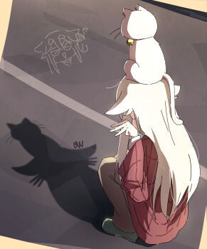 Rule 34 | 1girl, absurdres, akiyama haruno, animal, animal on head, bell, brown pants, cat, cat shadow puppet (meme), commentary, doodle inset, facing away, from side, full body, green shoes, hair flaps, hands up, hashtag-only commentary, highres, jingle bell, long hair, ltv1119, meme, middle w, mono (afro), multi-lane road, neck bell, on head, pants, plaid clothes, red robe, road, robe, shadow, shadow puppet, shoes, sidelocks, signature, squatting, taishou (mono), w, white cat, white hair