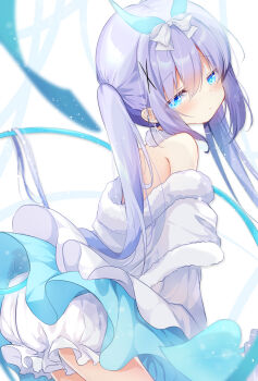 1girl bare_shoulders bloomers blue_eyes blue_hair blush bow dress fukaya_rin gochuumon_wa_usagi_desu_ka? hair_between_eyes hair_bow hair_ornament hairclip highres kafuu_chino long_hair looking_at_viewer looking_back pants solo twintails underwear x_hair_ornament