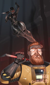 1boy 1girl absurdres beard black_bodysuit black_op_(half-life) bodysuit breasts commentary crowbar dark_skin english_commentary facial_hair gloves glowing glowing_eyes half-life half-life_(series) half-life_1 hev_suit highres holding holding_crowbar holding_knife holding_weapon ivan_the_space_biker_(half-life) knife lart173 long_beard mask night_vision_device pouch red_hair short_hair signature smile suppressor weapon