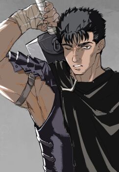 Rule 34 | 1boy, arm up, armor, bandaged hand, bandages, berserk, black cape, black eyes, black hair, breasts, cape, commentary request, furrowed brow, grey background, guts (berserk), highres, leather belt, muscular, muscular male, okima udo, one eye closed, parted lips, scar, scar on face, scar on nose, short hair, shoulder armor, simple background, solo, very short hair