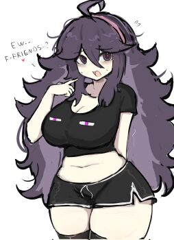 1girl alternate_breast_size_(larger) breasts character_print commentary_request enderman english_text heart heart-shaped_pupils hex_maniac_(pokemon) hex_maniac_(pokemon_xy) highres large_breasts long_hair looking_at_viewer m3link minecraft navel nintendo plump pokemon pokemon_xy shirt short_shorts shorts solo standing symbol-shaped_pupils talking thick_thighs thighs yandere
