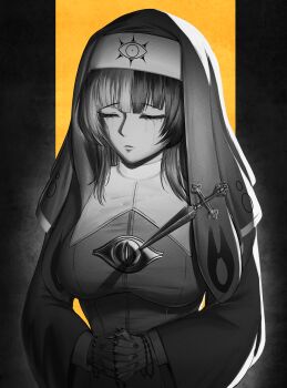 1girl absurdres alternate_costume breasts closed_eyes commentary dagger dress english_commentary enigmatic_recollection greyscale highres holding_rosary hololive hololive_english interlocked_fingers knife large_breasts long_hair long_sleeves looking_at_viewer makeup monochrome multicolored_hair nun own_hands_together parted_lips praying reendhw rosary runny_makeup shiori_novella solo split-color_hair spot_color stab two-tone_hair upper_body veil virtual_youtuber weapon wide_sleeves