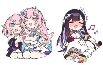 4girls ;o @_@ animal_ears aqua_hair black_hair blue_eyes blue_hair blush breasts cat_ears cat_girl cat_tail cipher_(honkai:_star_rail) cleavage coat colored_inner_hair commentary cup cyrene_(aedes_elysiae)_(honkai:_star_rail) cyrene_(honkai:_star_rail) cyrene_(ripples_of_past_reverie)_(honkai:_star_rail) diamond-shaped_pupils diamond_(shape) dress drunk dual_persona four-finger_heart_hands grey_hair heart heart_hands holding holding_cup honkai:_star_rail honkai_(series) hood hoodie hysilens_(honkai:_star_rail) large_breasts long_hair mem_(honkai:_star_rail) multicolored_hair multiple_girls musical_note nidaime_(doronbo) one_eye_closed pink_hair pointy_ears purple_coat purple_eyes simple_background symbol-only_commentary symbol-shaped_pupils tail two-tone_hair very_long_hair white_background white_dress white_hair white_hoodie