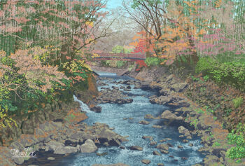 autumn_leaves bridge commentary_request day forest landscape leaf nature no_humans original outdoors real_world_location scenery shizuoka_prefecture signature stream suupii tree water