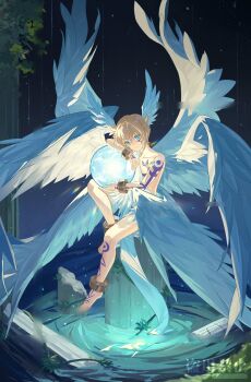1boy angel_boy angel_wings artist_request blonde_hair blue_eyes bodypaint cuffs digimon digimon_(creature) highres lucemon pillar plant solo tagme toga water watermark wings