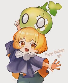 1girl artist_name birthday blonde_hair blush cape capelet child commentary_request dated dr._stone food fruit green_shorts happy_birthday light_blush loli looking_at_viewer lower_teeth_only mask mask_on_head okkobc open_mouth orange_eyes purple_capelet rope rope_around_neck short_hair shorts sidelocks simple_background smile solo suika_(dr.stone) teeth twitter_username watermelon white_background white_rope yellow_eyes