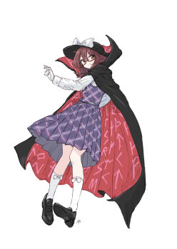 1girl absurdres black_cloak black_hat black_shoes bow bow_legwear brown_hair buttons cloak closed_mouth clothes_writing commentary_request floating hair_between_eyes hat hat_bow highres kashiwada_kiiho long_sleeves looking_at_viewer partial_commentary plaid_clothes plaid_skirt plaid_vest purple_skirt purple_vest red-framed_eyewear runes school_uniform shirt shoes short_hair simple_background skirt smile socks solo touhou usami_sumireko vest white_background white_bow white_shirt white_socks