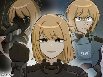 1girl armor black_gloves blonde_hair blood blood_on_face blue_eyes closed_mouth commentary constricted_pupils double-parted_bangs english_commentary gloves hand_up helldivers_(series) helmet holding holding_unworn_helmet looking_at_viewer morgzkun parted_bangs parted_lips seaf_soldier_(helldivers) short_hair smile swept_bangs unworn_headwear unworn_helmet