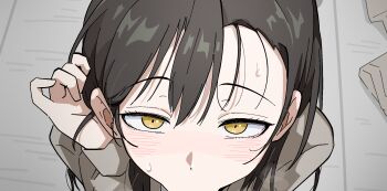 1girl black_hair blush breath commentary cropped facing_viewer fellatio forehead grey_shirt hair_between_eyes hand_in_own_hair highres idolmaster idolmaster_shiny_colors long_hair long_sleeves looking_at_viewer ohgi910 oral out-of-frame_censoring paid_reward_available shirt solo sweat sweatdrop yakumo_nami yellow_eyes