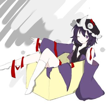 Rule 34 | 1other, ;q, androgynous, anime coloring, bare shoulders, birthday, black hat, black shirt, box, closed mouth, coattails, collared shirt, commentary request, detached hood, detached sleeves, enraku chinoha, frilled headwear, full body, hair between eyes, hat, high collar, highres, hood, hood down, hooded jacket, in box, in container, jacket, kneehighs, len&#039;en, long sleeves, looking at viewer, mob cap, no shoes, one eye closed, open clothes, open jacket, other focus, outstretched arm, pale skin, purple eyes, purple hair, purple jacket, purple sleeves, red ribbon, ribbon, shirt, shitodo kuroji, short hair, sitting, sleeveless, sleeveless shirt, sleeves past fingers, sleeves past wrists, smile, socks, solo, tongue, tongue out, white background, white socks, wide sleeves