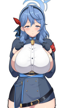 1girl ako_(blue_archive) backless_dress backless_outfit blue_archive blue_eyes blue_hair blue_halo blush breasts commentary_request dress gloves hair_between_eyes half_gloves halo highres kasai_shin large_breasts long_hair looking_at_viewer sideboob sideless_dress sideless_outfit sideless_shirt simple_background single_handcuff solo white_background