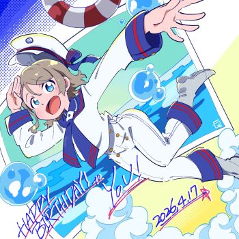 1girl birthday blue_eyes blue_sailor_collar blush boots commentary_request dated english_text from_side grey_hair hand_up happy_birthday hat highres jumping love_live! love_live!_sunshine!! marusaku_(sitappa39) neckerchief necktie ocean official_alternate_costume open_mouth pants sailor sailor_collar short_hair smile swim_ring totsuzen_girl watanabe_you water waving wavy_hair