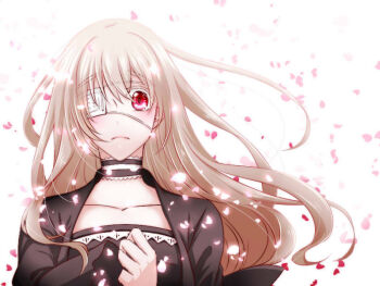 Rule 34 | 1girl, akashi (pixiv user 1342337), black dress, blonde hair, choker, dress, eyepatch, falling petals, higyaku no noel, long hair, medical eyepatch, noel cerquetti, petals, red eyes, solo