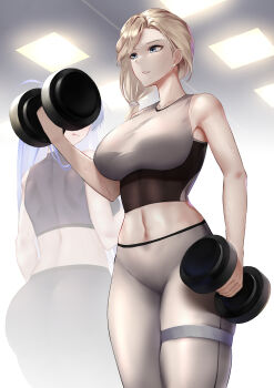 2girls absurdres alternate_costume ass asymmetrical_hair azur_lane black_legwear blonde_hair blue_eyes breasts ceiling ceiling_light commentary dumbbell earrings english_commentary essex_(azur_lane) exercising fluorescent_lamp grey_legwear grey_shirt gym highres hood_(azur_lane) impossible_clothes impossible_shirt indoors irkawaza jewelry large_breasts mature_female midriff multiple_girls pants purple_hair shirt side_ponytail skin_tight sleeveless sleeveless_shirt sports_bra standing sweatdrop thigh_strap tight_clothes tight_pants toned twintails weightlifting yoga_pants