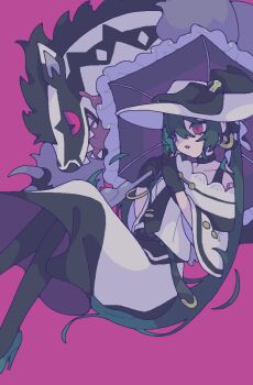 1girl black_bow black_choker black_fur black_gloves black_necktie black_pantyhose bow choker dark_miku_(project_voltage) dress full_body gen_8_pokemon gloves green_hair hat hat_bow hatsune_miku holding holding_umbrella hurousya_95 long_hair long_sleeves looking_to_the_side luxury_ball necktie nintendo obstagoon open_mouth pantyhose parasol pink_background pink_eyes poke_ball pokemon pokemon_(creature) project_voltage red_eyes sharp_teeth simple_background sitting teeth twintails umbrella vocaloid white_dress white_fur white_hat