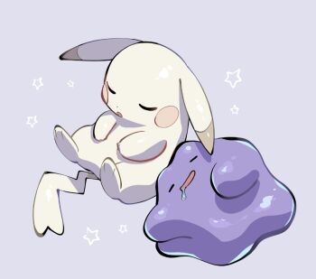 alternate_color alternate_form closed_eyes ditto drooling droopy_ears ears_down gen_1_pokemon nintendo no_humans open_mouth peakychu pikachu pokemon pokemon_(creature) pokemon_focus pokemon_pokopia saliva simple_background sleeping smile star_(symbol) tail yumeminoideyu2