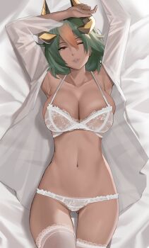 1girl bra breasts dark-skinned_female dark_skin earrings female_focus fire_emblem fire_emblem_heroes gradient_hair green_hair headgear highres horns j@ck jewelry laegjarn_(fire_emblem) large_breasts lingerie looking_at_viewer lying midriff multicolored_hair navel nintendo on_back one_eye_closed open_clothes orange_hair paid_reward_available panties cameltoe red_eyes see-through_clothes skindentation smile solo thighhighs underwear underwear_only white_bra white_panties white_thighhighs