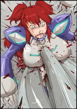 amputee blood bloody_tears crying crying_with_eyes_open gundam gundam_00 guro imminent_death impaled nena_trinity nosebleed organs red_hair snuff tears twintails yellow_eyes