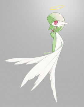 1girl adversarial_noise arm_at_side artist_name bob_cut colored_skin female_focus from_side gardevoir gen_3_pokemon green_hair green_skin grey_background hair_over_one_eye halo hand_up highres looking_to_the_side looking_up medium_hair multicolored_skin nintendo no_mouth one_eye_covered pokemon pokemon_(creature) red_eyes signature simple_background slit_pupils sok_(mr14_c) solo traditional_halo twitter_username two-tone_skin white_skin yellow_halo