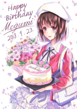 Rule 34 | 1girl, bag, birthday cake, black ribbon, blush, bouquet, brown eyes, brown hair, cake, cardigan, center frills, character name, collared shirt, commentary request, dated, falling petals, flower, food, frilled skirt, frills, handbag, happy birthday, hat, highres, holding, holding bouquet, holding tray, katou megumi, long sleeves, neck ribbon, open cardigan, open clothes, open mouth, petals, pink cardigan, pink flower, pink petals, pink rose, polka dot bag, purple petals, red flower, red rose, ribbon, rose, saenai heroine no sodatekata, shirt, short hair, skirt, smile, solo, tray, tsukasa tsubasa, white background, white bag, white flower, white hat, white shirt, white skirt, yellow flower