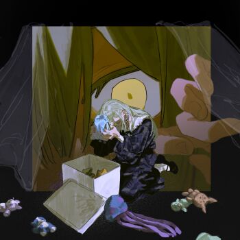 1girl bang_dream! bang_dream!_it's_mygo!!!!! black_choker blue_dress box character_doll chinese_commentary choker commentary_request doll dress frilled_choker frills green_hair highres long_hair long_sleeves mortis_(bang_dream!) mortis_(persona)_(bang_dream!) plaid_clothes plaid_dress sssakanaaa stuffed_jellyfish togawa_sakiko wakaba_mutsumi