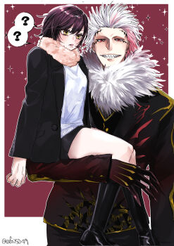 1boy 1girl ? absurdres afo_(pr) black_hair blazer boots gashadokuro_(nue_no_onmyouji) grin hair_slicked_back highres jacket lifting_person long_sleeves nue_no_onmyouji red_eyes scarf sharp_teeth shirt short_hair smile speech_bubble spoken_question_mark stitches teeth thighs tomesode_shitotsu twitter_username white_hair white_shirt yellow_eyes