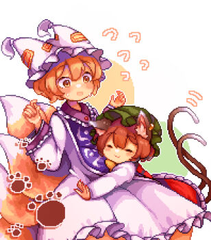 2girls :3 ^_^ animal_ear_fluff animal_ear_headwear animal_ears blonde_hair blue_tabard blush brown_hair cat_ears cat_girl cat_tail chen closed_eyes commentary dress fake_animal_ears flying_sweatdrops fox_girl fox_tail frilled_hat frills green_hat hat highres kitsune leaning_on_person long_sleeves looking_at_another mob_cap multiple_girls multiple_tails omochinegi paw_print pixel_art short_hair smile sweatdrop tabard tail tail_under_clothes touhou two_tails white_dress white_hat yakumo_ran yuri