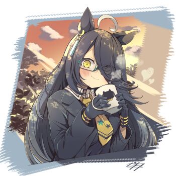 1girl absurdres ahoge animal_ears animal_print black_coat black_gloves black_hair black_shirt blush cat_print closed_mouth coat contrast_collar cup ear_ornament ear_tag earrings eyes_visible_through_hair glasses gloves hair_over_one_eye hands_up highres holding holding_cup horse_ears horse_girl jewelry long_bangs long_hair long_sleeves looking_at_viewer manhattan_cafe_(creeping_black)_(umamusume) manhattan_cafe_(umamusume) mug multicolored_hair necktie shirt single_earring solo steam steaming_cup umamusume variant_set very_long_hair white_hair woruta_(soloistlist) yellow_necktie
