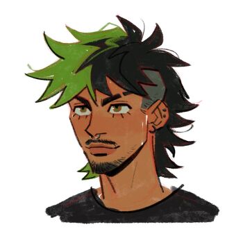 1boy antonio_leon_mars_(skcd_loen) black_hair black_shirt closed_mouth commentary cropped_shoulders ear_piercing eyebrow_cut facial_hair goatee green_eyes green_hair light_smile looking_ahead mullet multicolored_hair mustache original piercing ring_piercing shirt short_hair simple_background skcd_loen sketch split-color_hair symbol-only_commentary tan thick_lineart two-tone_hair undercut white_background
