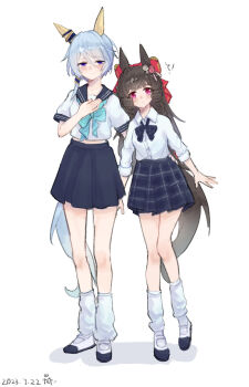 Rule 34 | 2girls, absurdres, animal ears, aqua bow, aqua bowtie, blue bow, blue bowtie, blue eyes, blue hair, blue sailor collar, blue skirt, blush, bow, bowtie, braid, breasts, brown hair, closed mouth, collared shirt, commentary request, daiichi ruby (umamusume), drill hair, drill sidelocks, ear covers, ear flower, flower, full body, hair bow, hair ornament, highres, horse ears, horse girl, horse tail, k.s.miracle (umamusume), long hair, looking at viewer, loose socks, multiple girls, purple eyes, red bow, sailor collar, saramiao-chan, shirt, shoes, short hair, side drill, sidelocks, simple background, skirt, smile, socks, tail, twin drills, umamusume, white background, white shirt, white socks