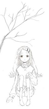 Rule 34 | 1girl, :o, collared shirt, dai nui nui, earrings, full body, gakuen idolmaster, hair ornament, hairclip, hand on own knee, highres, idolmaster, jewelry, long hair, looking at viewer, on ground, parallel hairclips, shinosawa hiro, shirt, shorts, simple background, sitting, sketch, sleeves past wrists, socks, solo, spot color, sweater vest, tree, yellow eyes