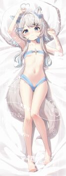 1girl absurdres ahoge animal_ears bandeau blue_bandeau blue_eyes blue_hair blue_panties bow breasts cat_ears cat_girl cat_tail closed_mouth commission dakimakura_(medium) full_body gradient_hair grey_hair hair_bow hair_ornament head_on_pillow heart heart_ahoge highres looking_at_viewer lying multicolored_hair navel on_back original panties pillow short_hair_with_long_locks small_breasts stomach tail underwear underwear_only x_hair_ornament yiran_kuxiao