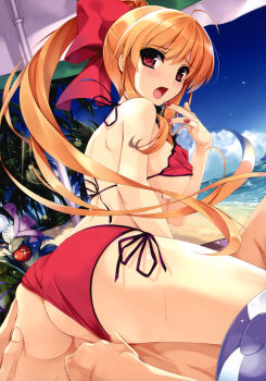 1girl absurdres ahoge areola_slip ass ass_grab back ball bare_shoulders beach beach_umbrella beachball bikini bikini_bottom_aside blonde_hair blush breasts clothing_aside cloud day embarrassed fingering fingernails framed from_behind hair_ribbon highres long_hair looking_at_viewer looking_back medium_breasts misaki_kurehito misaki_kurehitos_waifu mizuhara_erika nail_polish open_mouth orange_hair original outdoors palm_tree ponytail pussy pussy_juice red_eyes ribbon saliva saliva_trail sex shiny_skin side-tie_bikini_bottom sitting sitting_on_person sky solo_focus star_(symbol) string_bikini sweat swimsuit swimsuit_aside tree umbrella uncensored underboob very_long_hair water