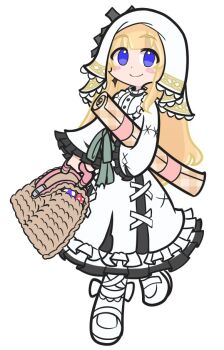 Rule 34 | 1girl, basket, blonde hair, blue eyes, cross ornament, dress, earrings, frilled dress, frills, hikami meruru, hime cut, holding, holding basket, jewelry, looking at viewer, magical girl, mahou shoujo no majo saiban, mushroom, parody, priestess, puyopuyo, shinmon akika, shoes, simple background, smile, solo, style parody, takenami hideyuki (style), veil, white background, white dress, white shoes, white veil
