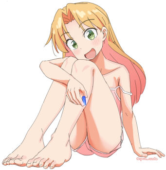 barefoot blonde_hair double_strap_slip ruri_no_houseki space_ruruke strap_lift strap_pull strap_slip tanigawa_ruri toes