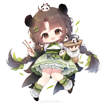 1girl absurdres ahoge animal_earrings animal_ears apron asymmetrical_sleeves bamboo bamboo_hair_ornament bamboo_shadow_(miracle_nikki) black_shoes black_sleeves bloomers blunt_bangs bow bow_legwear bowl bowtie braid brown_eyes brown_hair chibi chinese_commentary chopsticks commentary_request dot_nose eyelashes frilled_skirt frills fur-trimmed_shirt fur_trim green_bag green_bow green_bowtie green_skirt grey_apron hair_bow hair_ornament hairclip happy heart highres holding holding_bowl holding_chopsticks leaf leg_warmers light_blush light_particles long_hair long_sleeves looking_at_viewer low_twin_braids miniskirt miracle_nikki mismatched_sleeves multi-tied_hair nikki_(series) nuli_de_chengzhi_er open_mouth panda_earrings panda_ears panda_girl panda_hair_ornament parallel_hairclips parted_bangs pleated_skirt puffy_long_sleeves puffy_sleeves shirt shoes simple_background skirt smile solo sparkle tareme twin_braids underwear very_long_hair waist_apron waist_bag watermark weibo_watermark white_background white_bloomers white_leg_warmers white_shirt white_sleeves