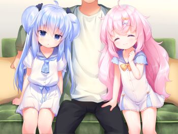 2girls ^_^ ahoge black_pants blue_bow blue_eyes blue_hair blue_necktie blue_sailor_collar blush bow bowtie buttons closed_eyes closed_mouth collarbone couch double_bun feet_out_of_frame game_cg hair_bow hair_bun hand_up harem_futago_lolita head_out_of_frame large_variant_set loli long_hair multiple_girls necktie non-web_source open_mouth pants pillow pink_hair pleated_skirt sailor_collar shirt short_sleeves siblings sisters sitting skirt smile sunao_(harem_futago_lolita) tomari_(harem_futago_lolita) twins usashiro_mani variant_set white_shirt white_skirt yellow_bow yellow_bowtie