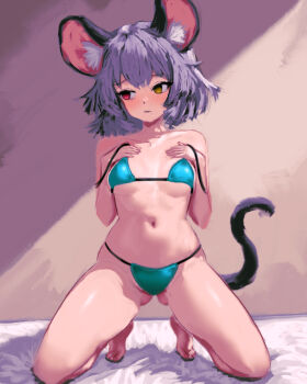 1girl absurdres animal_ear_fluff animal_ears aqua_bikini bikini blush closed_mouth flandzen full_body grey_hair heterochromia highres looking_to_the_side mouse_ears mouse_girl nazrin red_eyes short_hair solo squatting swimsuit touhou undone_bikini yellow_eyes
