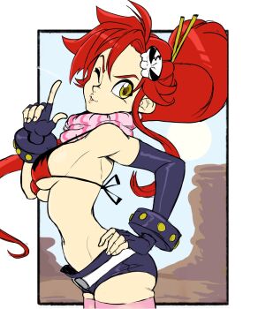 bikini bikini_top_only breasts fingerless_gloves gloves gluteal_fold gurren-lagann hair_ornament hand_on_own_hip highres long_glove looking_at_viewer midriff navel one_eye_closed pointing ponytail puckered_lips red_hair scarf short_shorts shorts sideboob skull_hair_ornament swimsuit teevo thighhighs underboob wink yellow_eyes yoko_littner