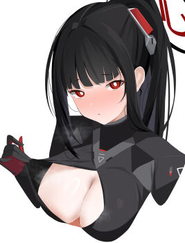 Rule 34 | 1girl, :/, absurdres, black bodysuit, black gloves, black hair, black halo, blue archive, blush, bodysuit, breasts, bright pupils, chanshiyu, cleavage, closed mouth, commentary request, cropped torso, gloves, halo, hand up, highres, large breasts, long hair, looking at viewer, multicolored gloves, official alternate costume, red eyes, red gloves, red halo, rio (armed) (blue archive), rio (blue archive), sidelocks, simple background, solo, sweat, two-tone gloves, white pupils