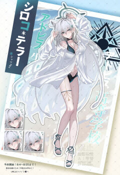 1girl animal_ear_fluff animal_ears blue_archive breasts broken_halo cross dark_halo extra_ears grey_hair halo highres inverted_cross kaji_zarame mismatched_pupils shiroko_(blue_archive) shiroko_terror_(blue_archive) solo swimsuit translation_request wolf_ears wolf_girl