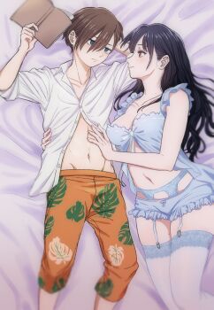 1boy 1girl babydoll bed_sheet black_hair blue_babydoll blue_eyes blue_garter_belt blue_panties boku_no_kokoro_no_yabai_yatsu book breasts brown_eyes cleavage closed_mouth collarbone collared_shirt commentary_request feet_out_of_frame from_above hair_between_eyes hand_on_another&#039;s_stomach hetero highres holding holding_book hug ichikawa_kyoutarou long_hair looking_at_another lying medium_breasts mole mole_on_neck mole_on_thigh multiple_moles narumi_(62rimi) navel official_alternate_costume on_back open_book orange_shorts panties print_shorts profile shirt short_hair shorts thighhighs underwear white_shirt white_thighhighs yamada_anna