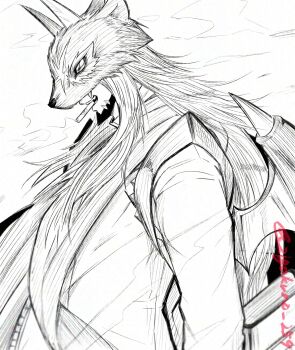 1boy astamon cigarette coat demon_boy demon_horns demon_wings digimon digimon_(creature) from_side highres holding holding_cigarette horns long_hair male_focus mouth_hold open_clothes open_coat profile simple_background sketch smoke twitter_username upper_body white_background wings zigokuno