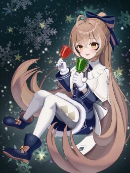 Rule 34 | 1girl, absurdres, ahoge, alternate costume, argyle clothes, argyle pantyhose, back bow, bell, black streaks, blue boots, blue bow, blue bowtie, blue dress, boots, bow, bowtie, brown eyes, brown feathers, brown hair, capelet, commentary, dress, english commentary, feathers, floating, footwear bow, full body, fur-trimmed dress, fur trim, gloves, green background, hair bow, highres, holding, holding bell, hololive, hololive english, liaowlowl, long hair, long sleeves, multicolored hair, nanashi mumei, open mouth, pantyhose, snow, snowflakes, solo, streaked hair, striped bow, striped bowtie, striped clothes, very long hair, virtual youtuber, white bow, white capelet, white gloves, white pantyhose, white streaks