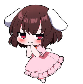 1girl animal_ears blinking blush brown_hair chibi chibi_only closed_eyes closed_mouth commentary dress ear_wiggle full_body hands_up highres inaba_tewi medium_hair mesugaki no_nose open_mouth pink_dress puffy_short_sleeves puffy_sleeves rabbit_ears rabbit_girl rabbit_tail red_eyes short_sleeves solo tail touhou you_(noanoamoemoe) zako_(phrase)